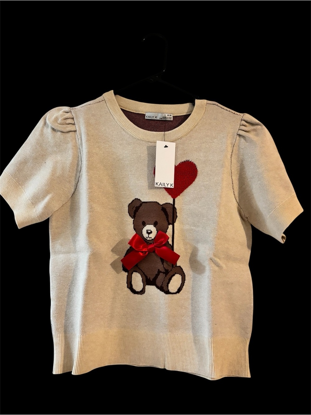 Teddy Bear Heart Short-Sleeve Sweater Top